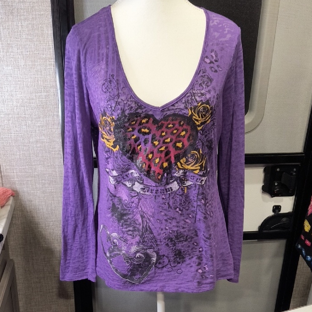 Rocker Girl Purple Graphic Long Sleeve Top, Medium, Burnout, EUC